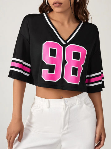 EZwear Number Print Striped Trim Drop Shoulder Crop Tee