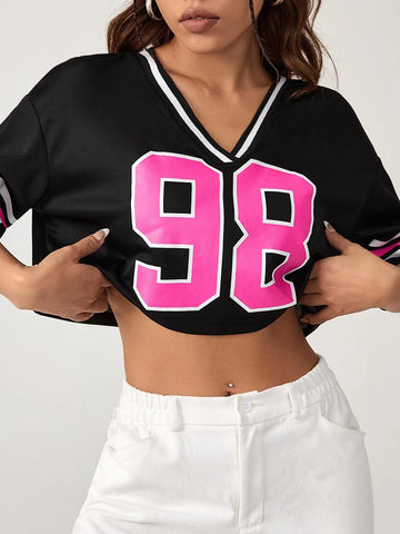 EZwear Number Print Striped Trim Drop Shoulder Crop Tee