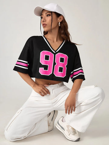 EZwear Number Print Striped Trim Drop Shoulder Crop Tee