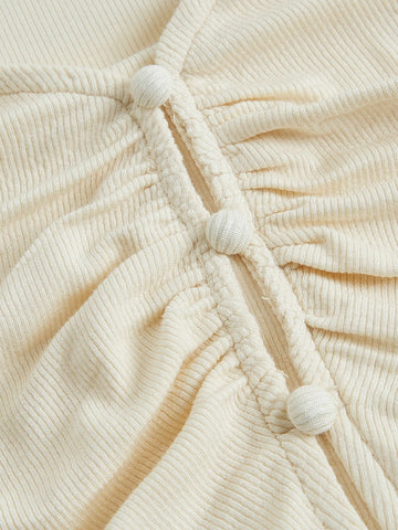 Solid Button Front Lettuce Trim Ruched Front Tee