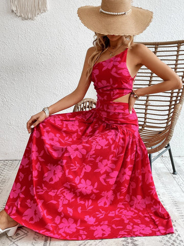 Floral Print One Shoulder Cut Out Waist Ruffle Hem Dress
