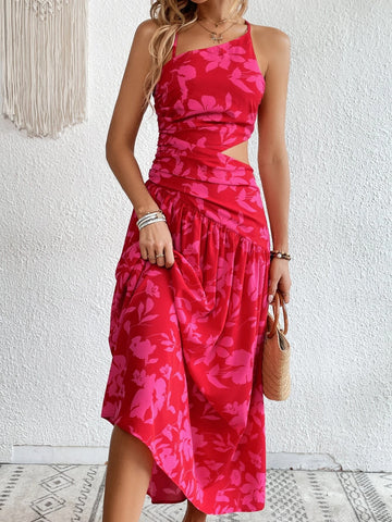 Floral Print One Shoulder Cut Out Waist Ruffle Hem Dress