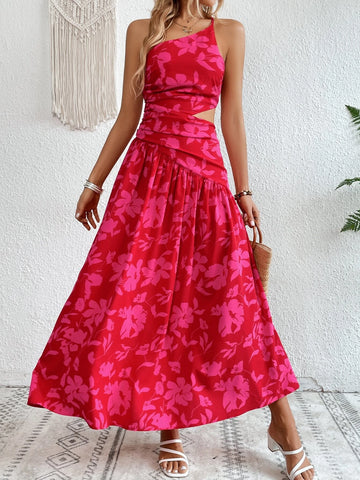 Floral Print One Shoulder Cut Out Waist Ruffle Hem Dress