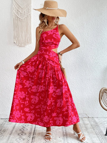 Floral Print One Shoulder Cut Out Waist Ruffle Hem Dress
