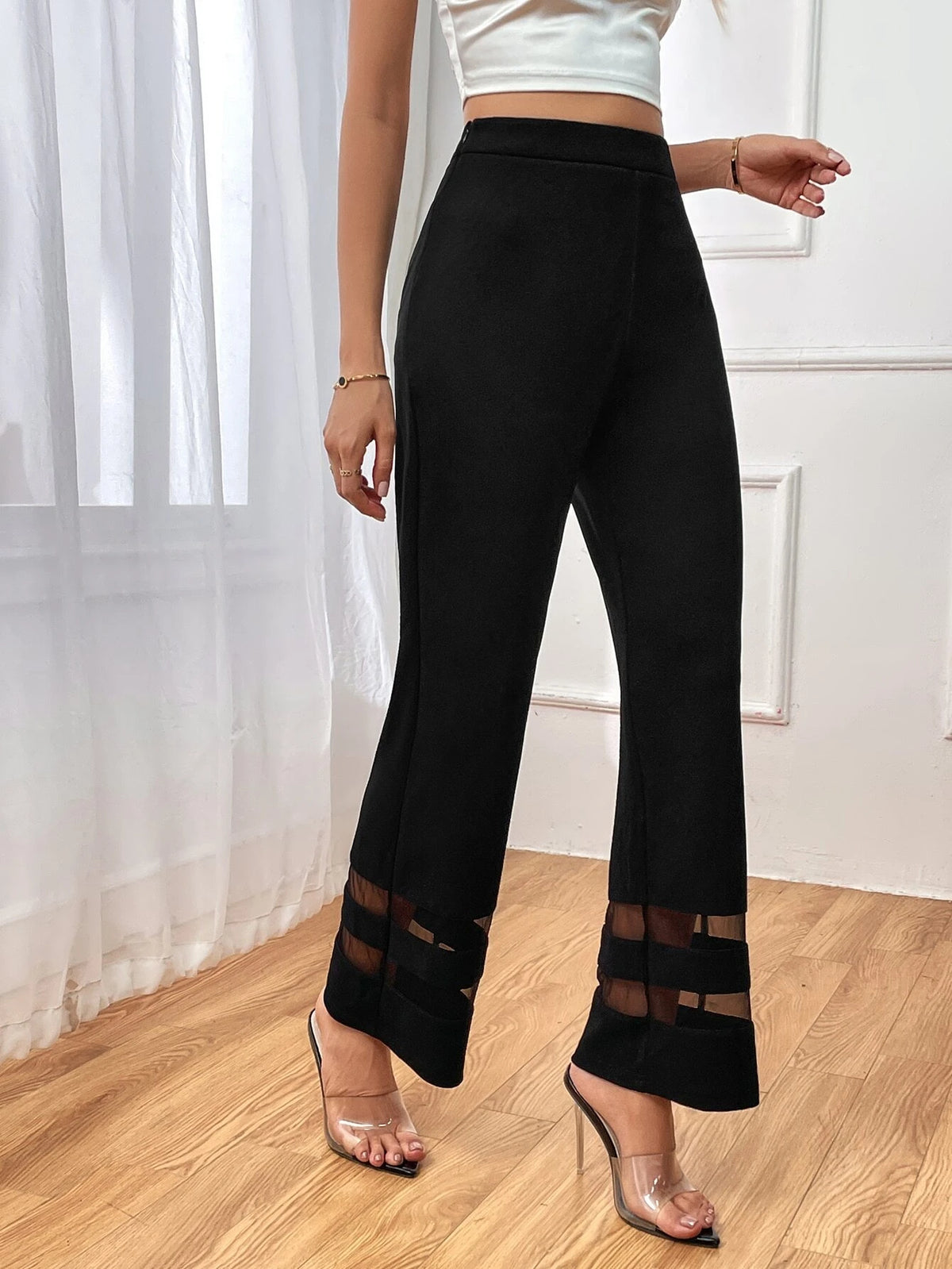 High Waist Mesh Insert Straight Leg Pants
