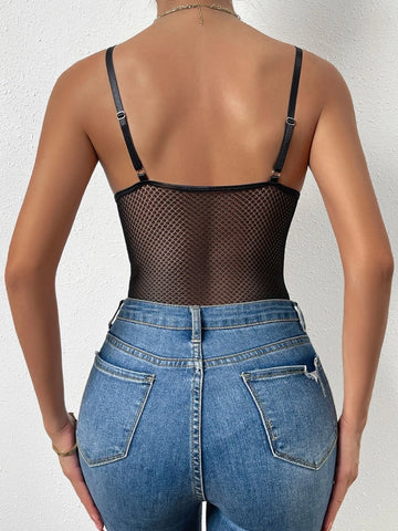 Contrast Lace Mesh Underwire Cami Bodysuit
