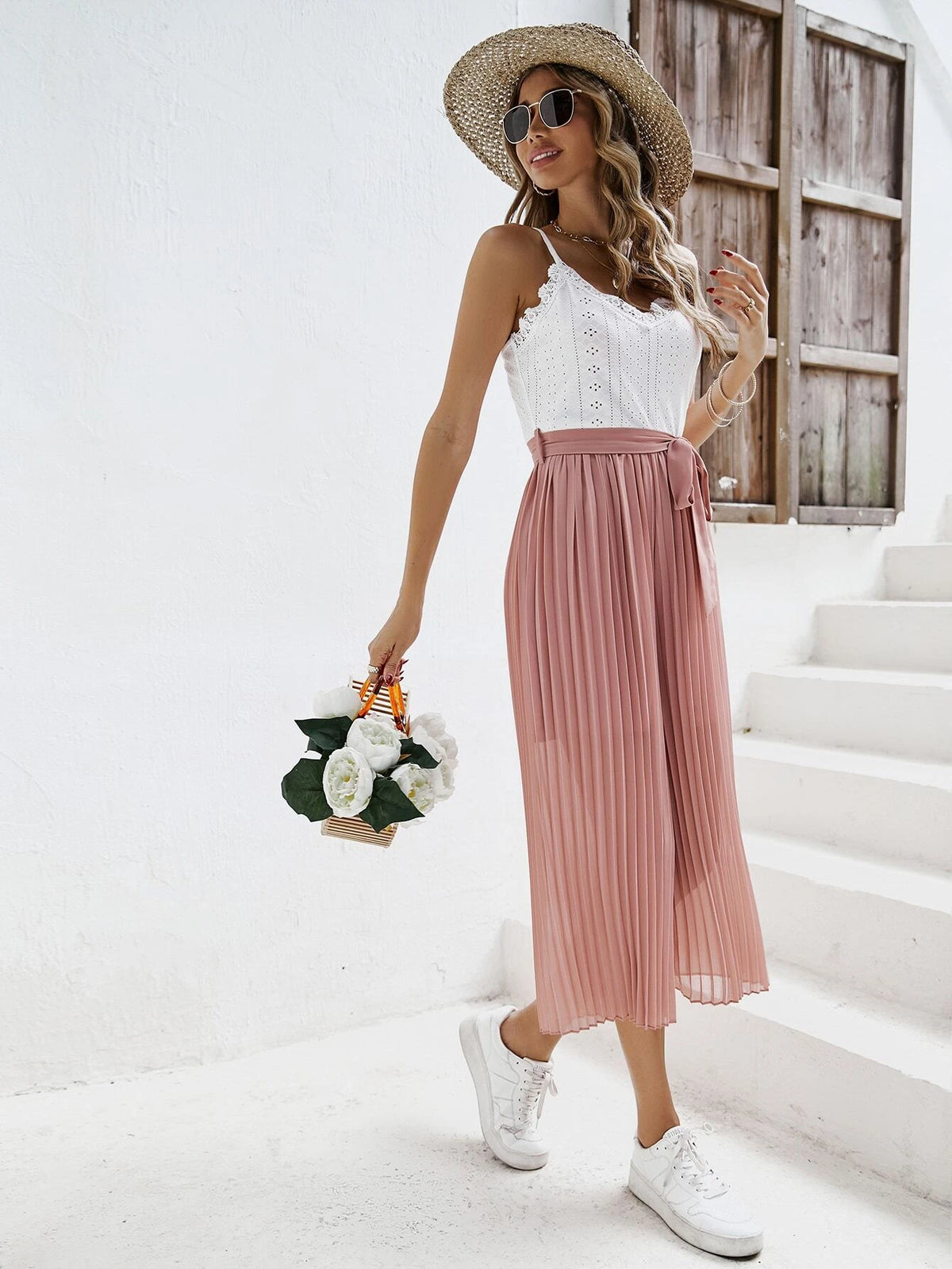 Two Tone Belted Pleated Belted Wide Leg Cami Jumpsuit