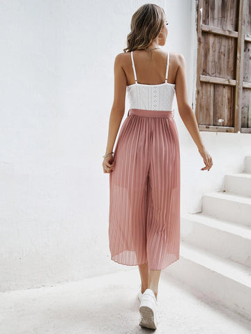 Two Tone Belted Pleated Belted Wide Leg Cami Jumpsuit