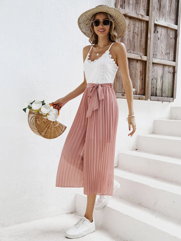 Two Tone Belted Pleated Belted Wide Leg Cami Jumpsuit