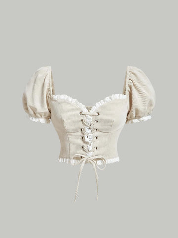 MOD Lace Up Front Puff Sleeve Crop Top