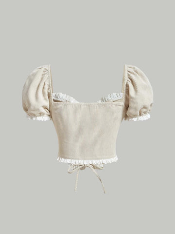 MOD Lace Up Front Puff Sleeve Crop Top