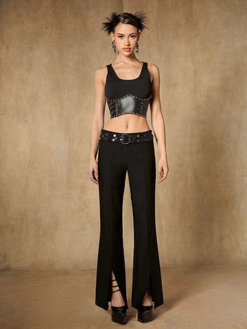 ICON Solid Split Hem Flare Leg Pants Without Belt