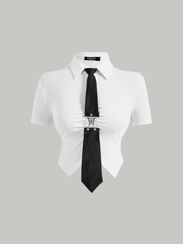 MOD Tie Neck Asymmetrical Hem Crop Tee