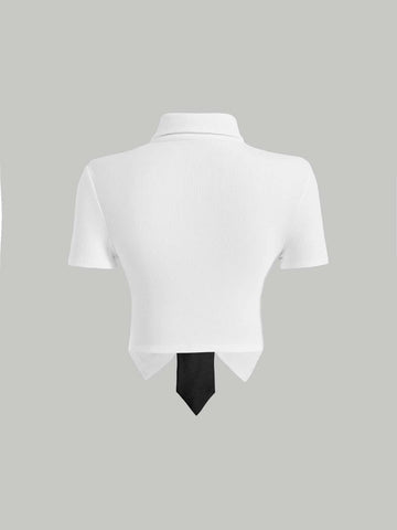 MOD Tie Neck Asymmetrical Hem Crop Tee