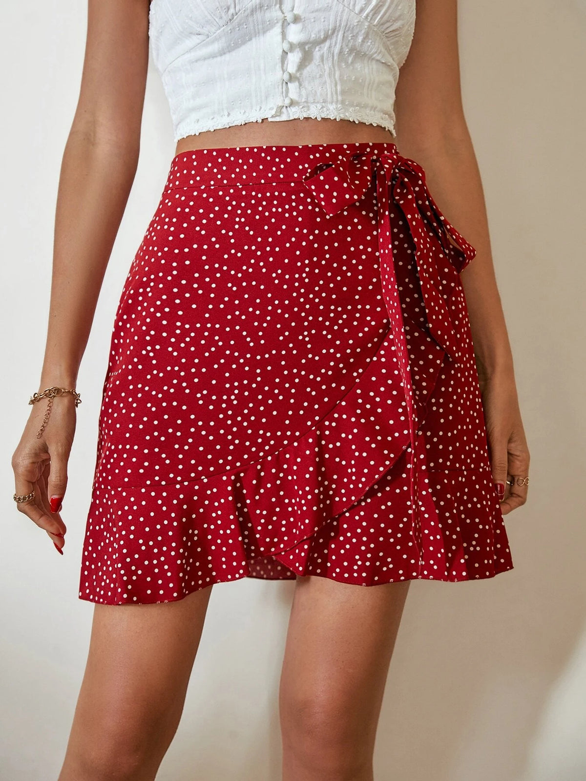 VCAY Polka Dot Print Knot Side Ruffle Trim Wrap Skirt