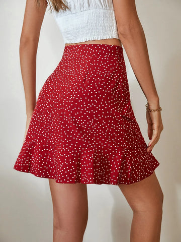 VCAY Polka Dot Print Knot Side Ruffle Trim Wrap Skirt