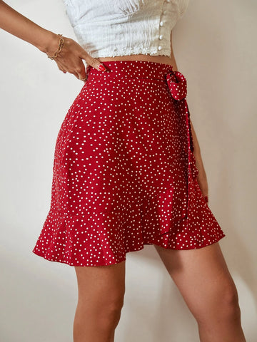 VCAY Polka Dot Print Knot Side Ruffle Trim Wrap Skirt