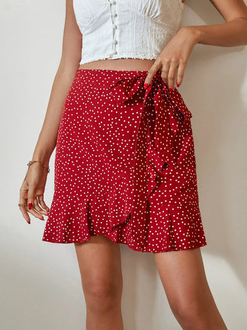 VCAY Polka Dot Print Knot Side Ruffle Trim Wrap Skirt