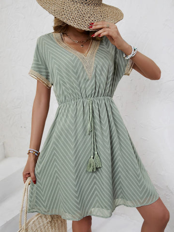 Guipure Lace Panel Tassel Tie Front Dress