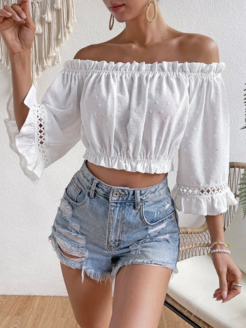 VCAY Swiss Dot Off Shoulder Frill Trim Flounce Sleeve Crop Blouse
