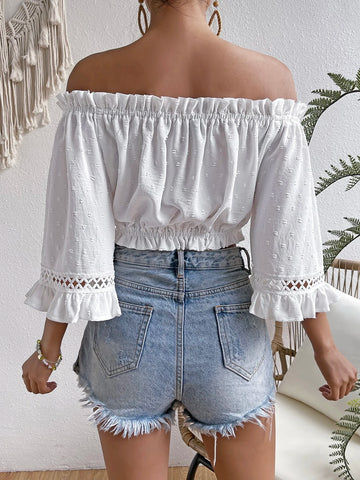 VCAY Swiss Dot Off Shoulder Frill Trim Flounce Sleeve Crop Blouse