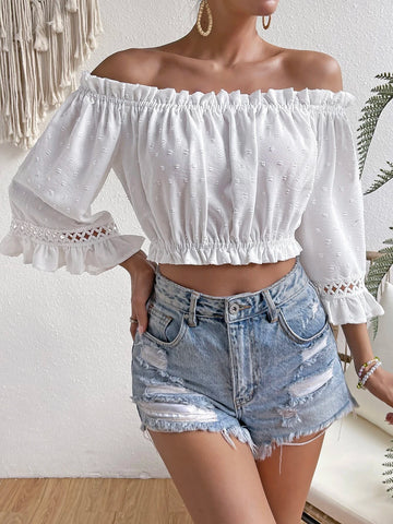 VCAY Swiss Dot Off Shoulder Frill Trim Flounce Sleeve Crop Blouse