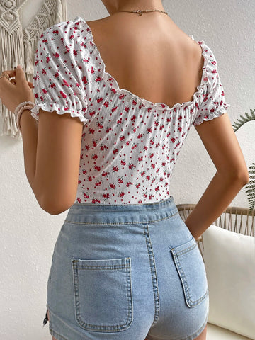 Ditsy Floral Print Off Shoulder Frill Trim Knot Front Ruched Bust Bodysuit