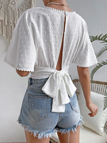 VCAY Swiss Dot Tie Back Batwing Sleeve Blouse