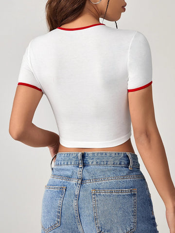 EZwear Letter Graphic Contrast Binding Crop Tee