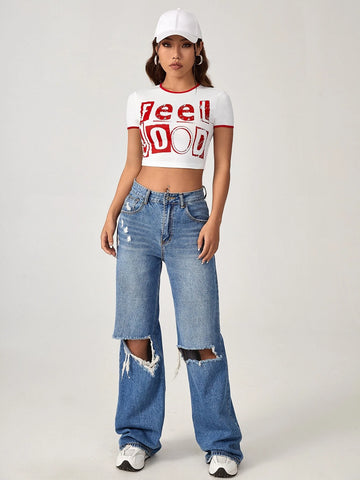 EZwear Letter Graphic Contrast Binding Crop Tee