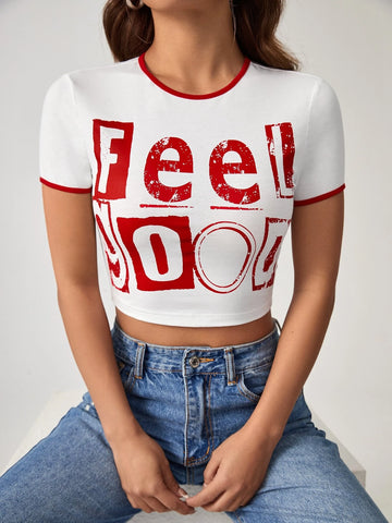 EZwear Letter Graphic Contrast Binding Crop Tee