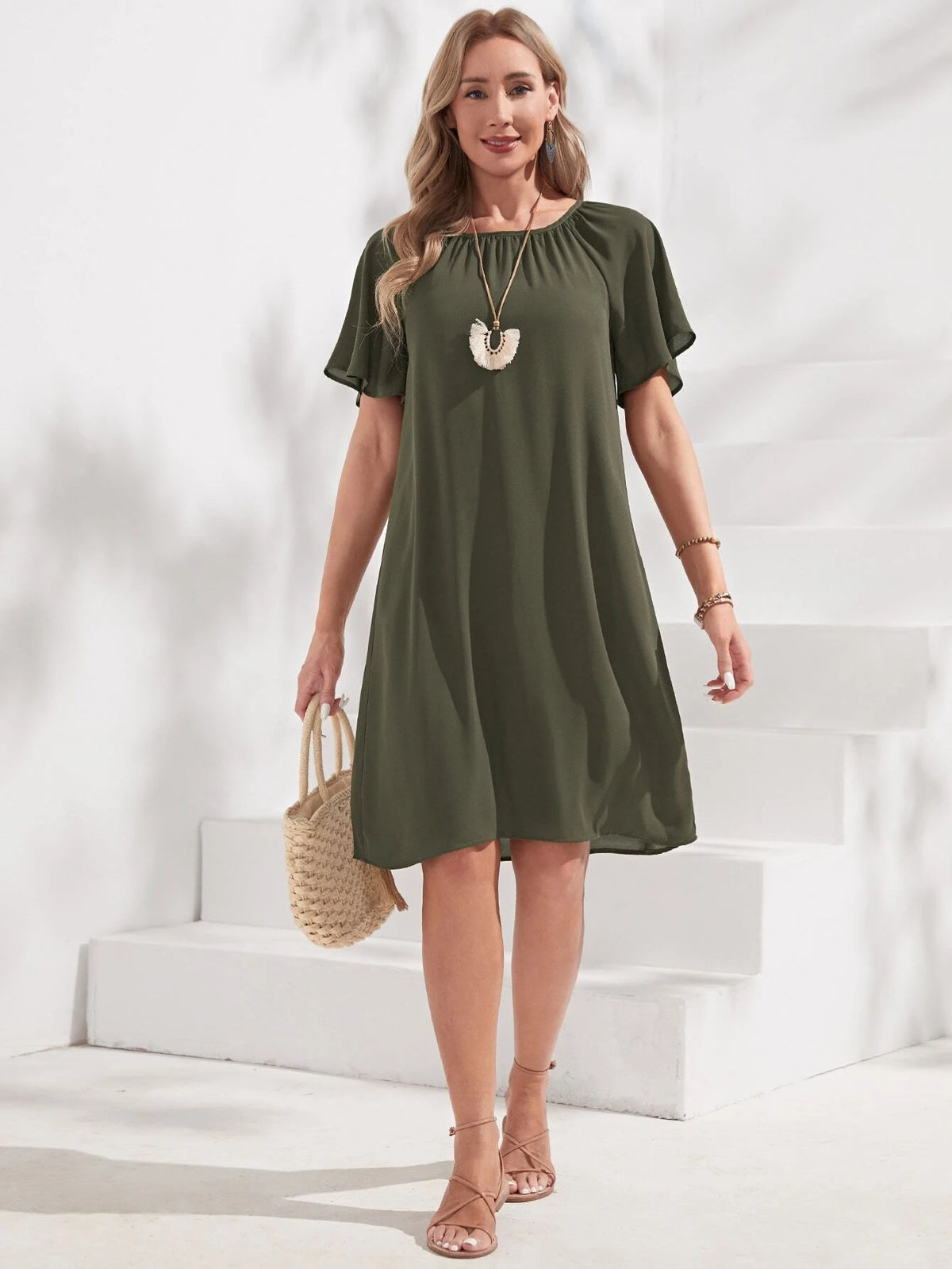 EMERY ROSE Solid Raglan Sleeve Tunic Dress