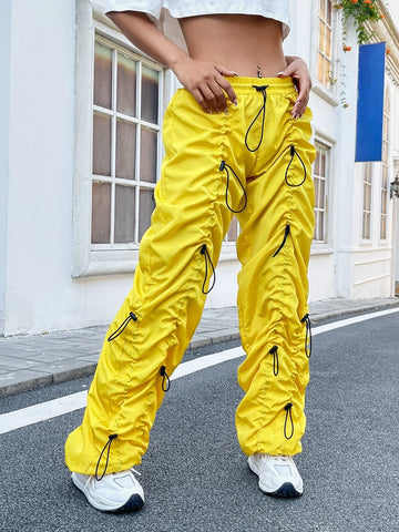 Drawstring Waist Ruched Parachute Pants