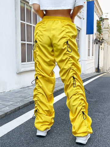 Drawstring Waist Ruched Parachute Pants