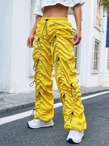 Drawstring Waist Ruched Parachute Pants
