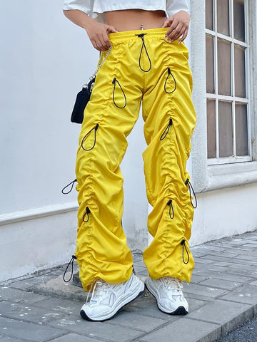 Drawstring Waist Ruched Parachute Pants