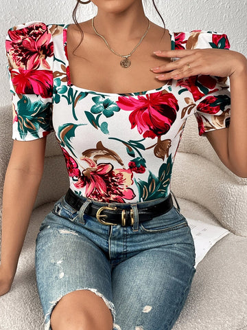 Unity Floral Print Square Neck Puff Sleeve Tee