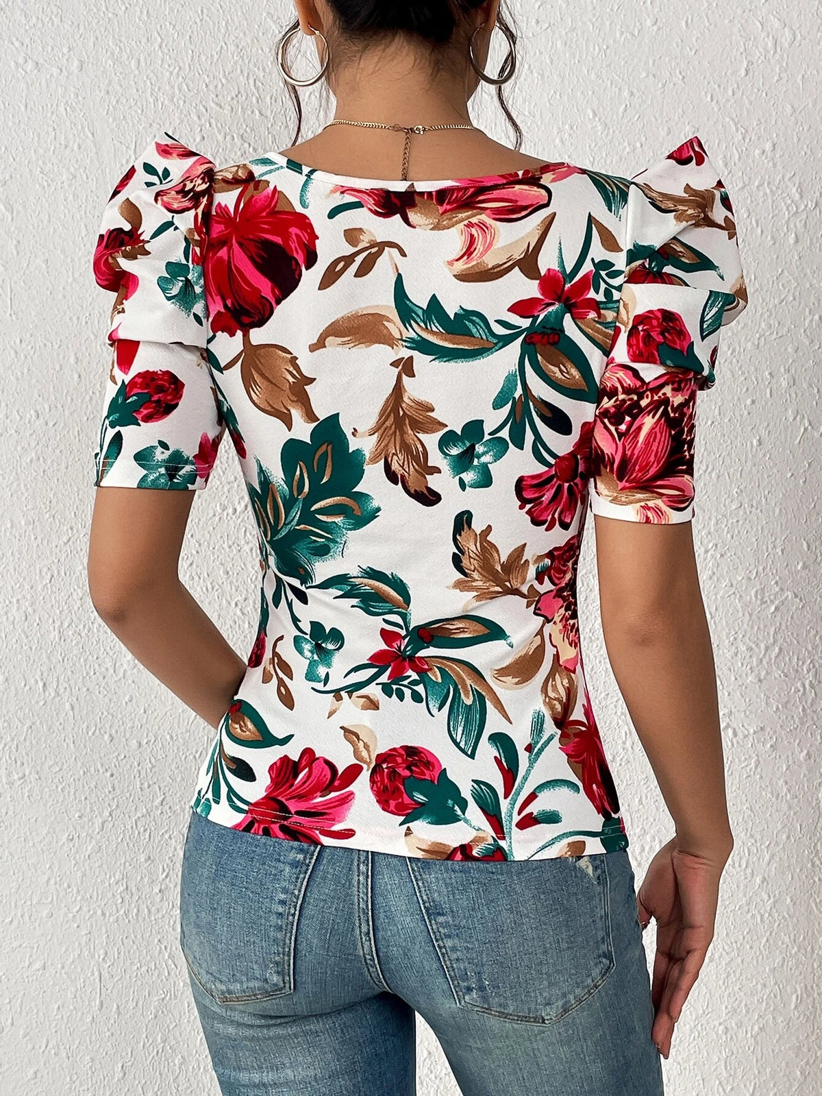 Unity Floral Print Square Neck Puff Sleeve Tee