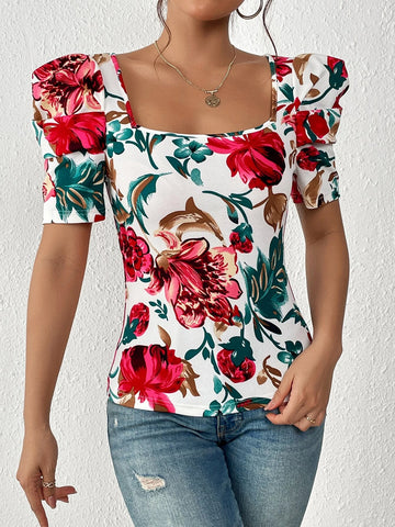 Unity Floral Print Square Neck Puff Sleeve Tee
