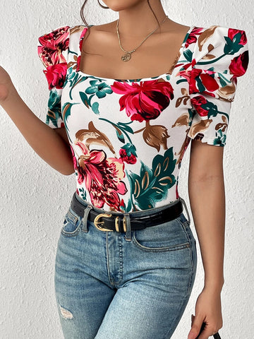 Unity Floral Print Square Neck Puff Sleeve Tee