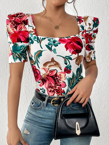 Unity Floral Print Square Neck Puff Sleeve Tee
