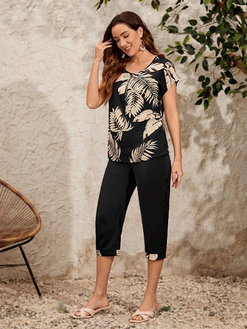 Tropical Print Batwing Sleeve Top & Pants