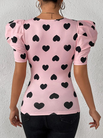 Unity Heart Print Puff Sleeve Sweetheart Neck Tee