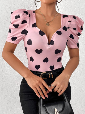 Unity Heart Print Puff Sleeve Sweetheart Neck Tee