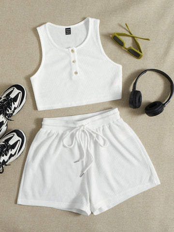 EZwear Half Button Crop Tank Top & Drawstring Waist Shorts