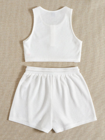 EZwear Half Button Crop Tank Top & Drawstring Waist Shorts