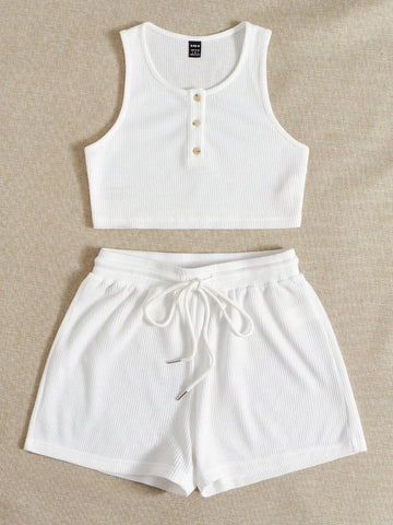 EZwear Half Button Crop Tank Top & Drawstring Waist Shorts