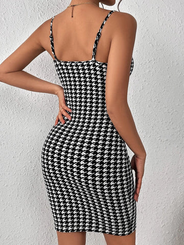 Houndstooth Print Cami Bodycon Dress
