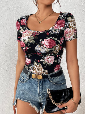 Unity Floral Print Scoop Neck Tee