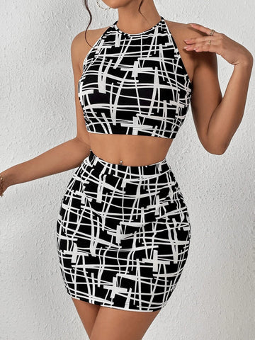 Allover Print Crop Tank Top & Bodycon Skirt